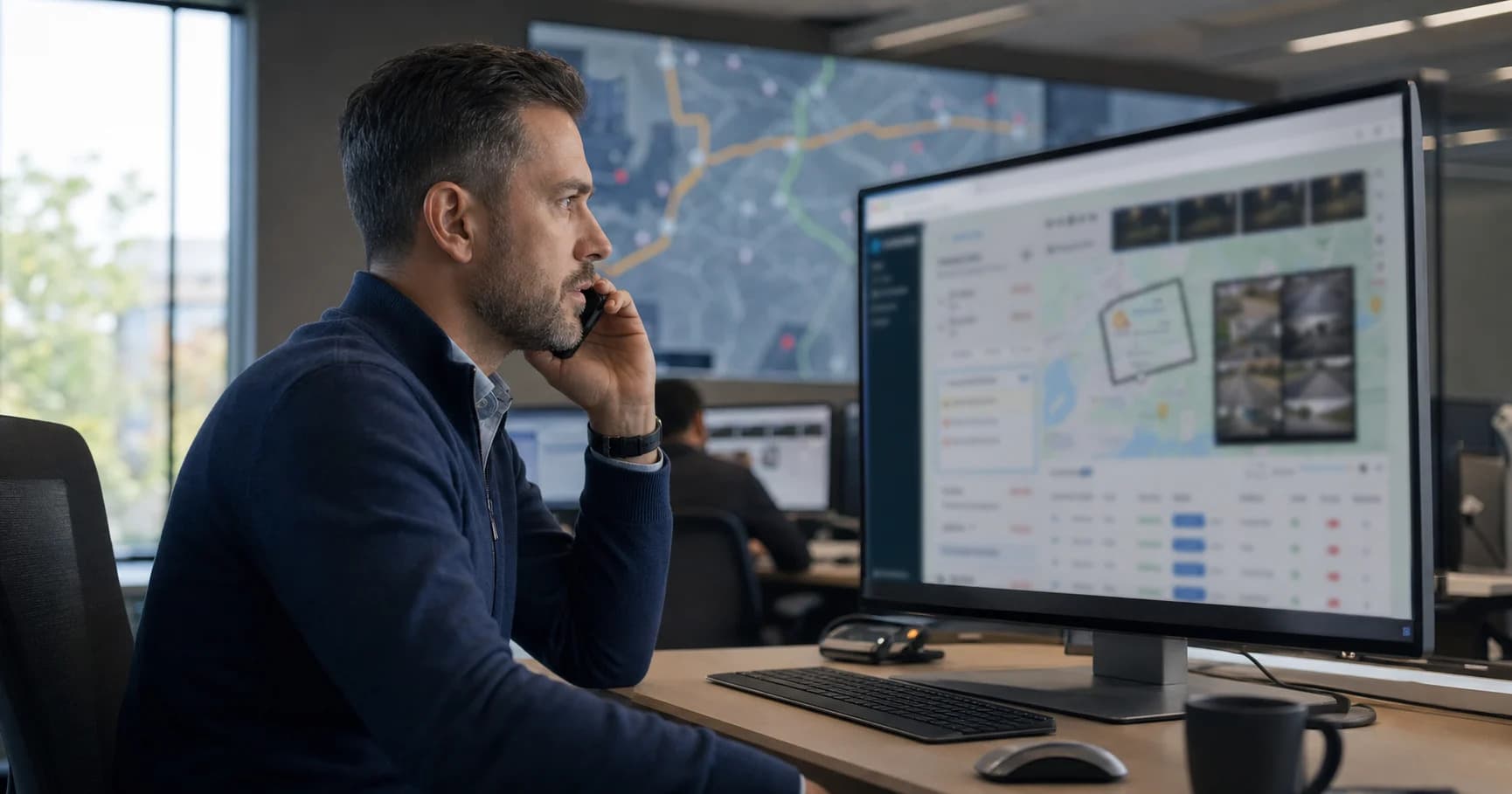 A fleet manager reviewing data on a laptop