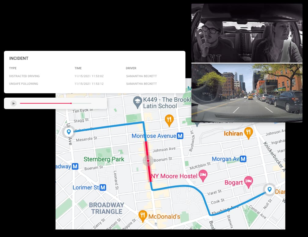 Argus platform view of a recorded incident: dashcam clips beside the GPS trip on a map