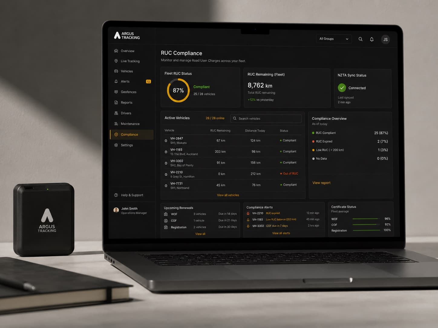 The Argus GPS tracking device beside a laptop showing the RUC compliance dashboard